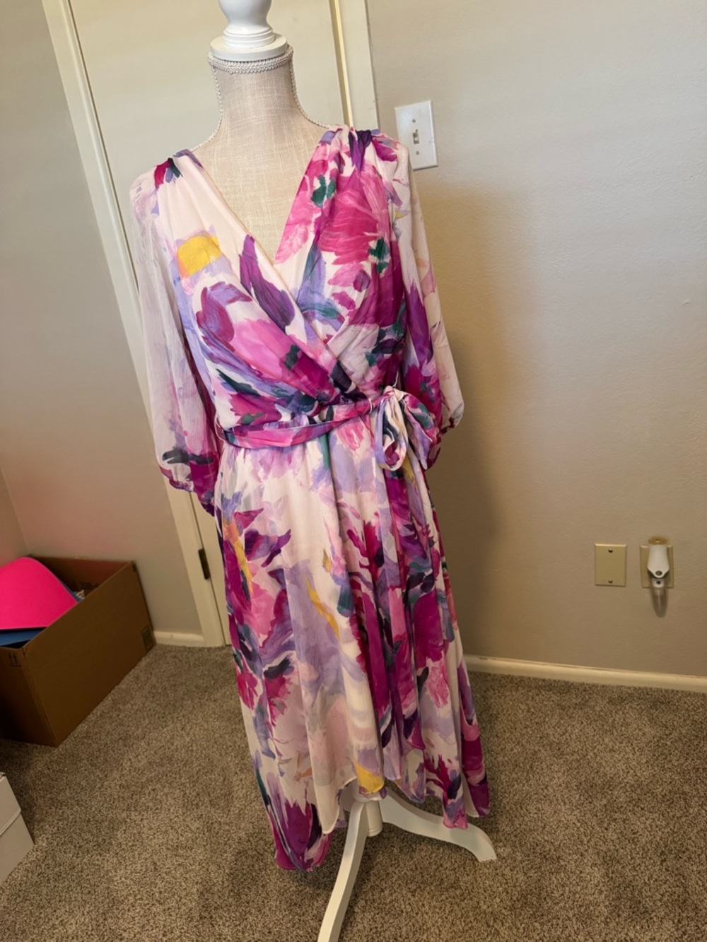 DKNY Pink & Purple Floral Wrap Midi Dress